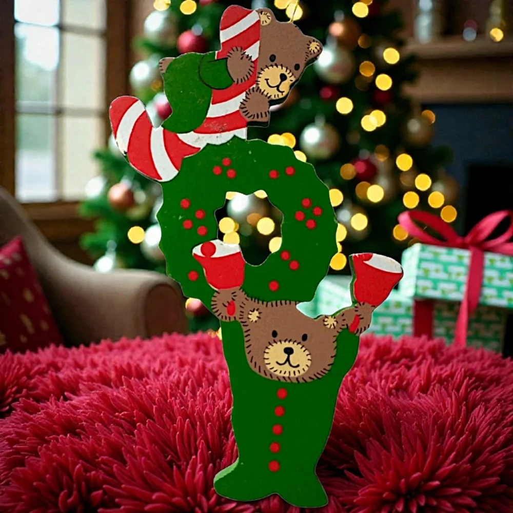 JOY Spell‎ Out Christmas Ornament Folk Art Primitive Die Cut Vintage Wood Bears